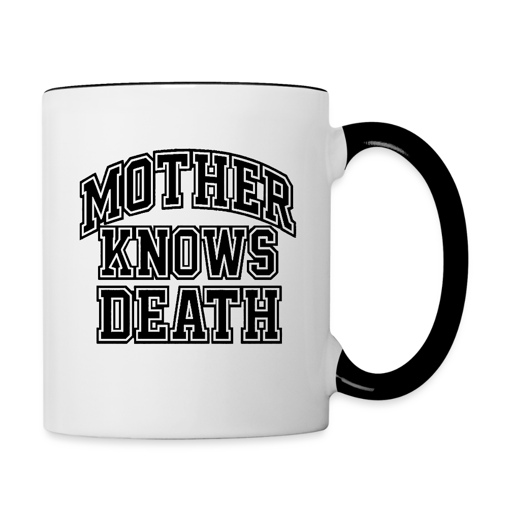 Mother Knows Death Varsity Mug - white/black