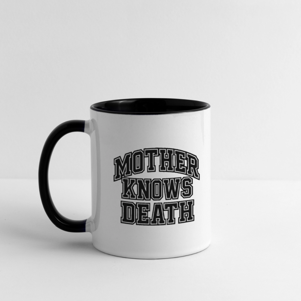 Mother Knows Death Varsity Mug - white/black