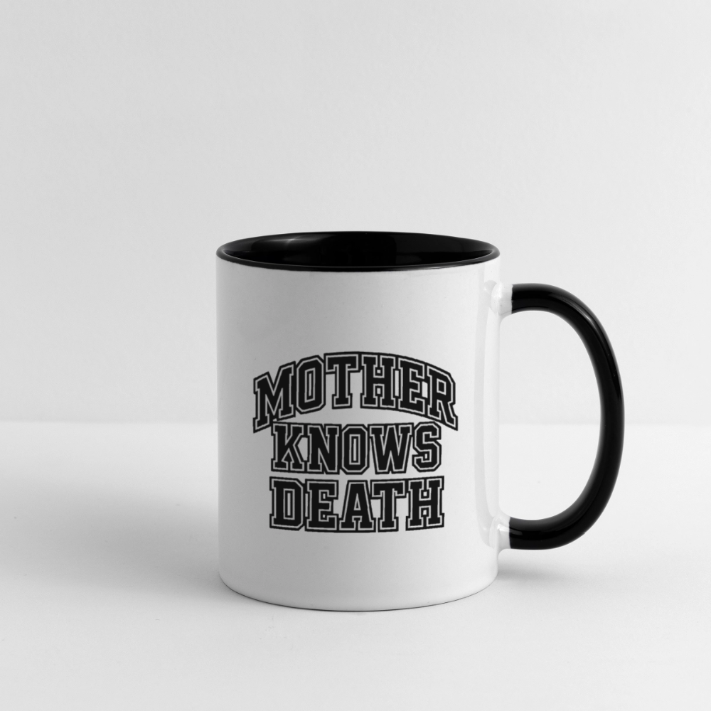 Mother Knows Death Varsity Mug - white/black