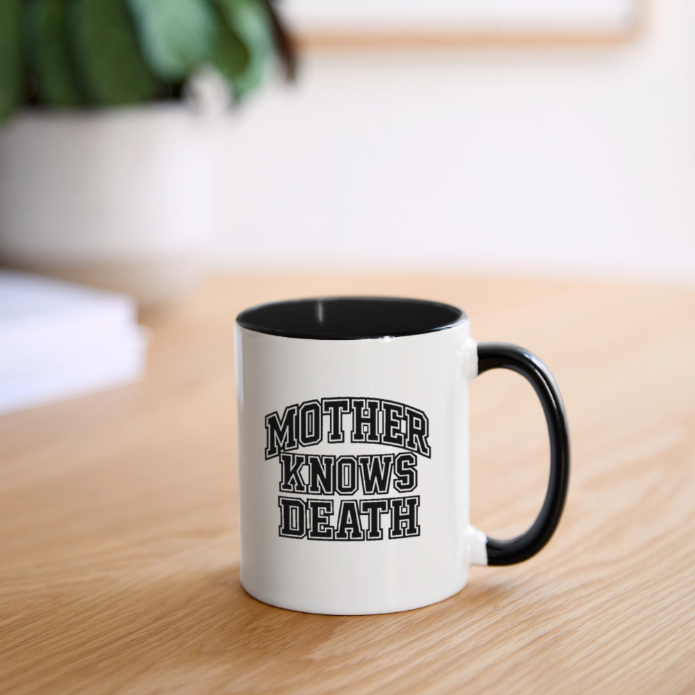 Mother Knows Death Varsity Mug - white/black